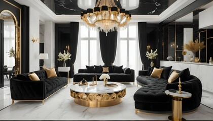 An elegant penthouse with a sophisticated color palette of black, white, and gold. The living room features plush velvet sofas and marble accents, with a golden chandelier suspended from the ceiling c - obrazy, fototapety, plakaty