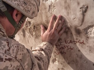 A man in a camouflage jacket is writing on a wall with his hand. The writing is in red and he is a message