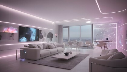 A minimalist apartment with a futuristic vibe, featuring modular furniture and translucent room dividers that can be adjusted for privacy or openness. The living area is bathed in soft LED lighting, w