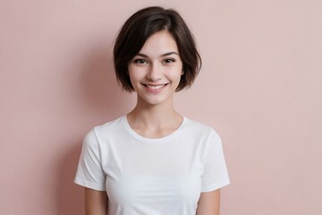 Happy young transgender woman wearing a white shirt standing against a pink background with copy space.