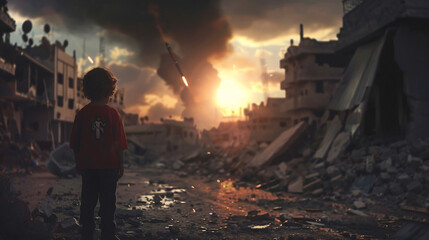 palestinian kid stands back facing in devastated Gaza looking at missiles in the sky 