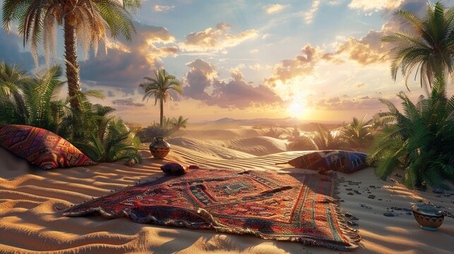 A magical 3D mock-up of a flying carpet positioned in a whimsical desert oasis surrounded by shimmering sand dunes and exotic palm trees