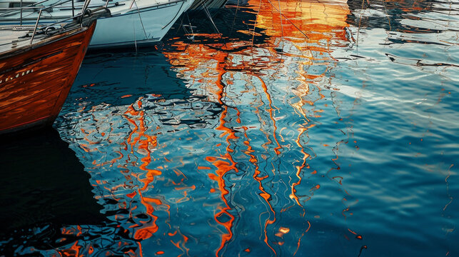 Abstract painting of sailboats on a calm sea, with dark orange and light blue hues