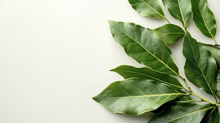 Fresh, dulcet bay leaf exquisitely decorated over a white setting herbs uses for lovely health and space, Generative AI. - obrazy, fototapety, plakaty