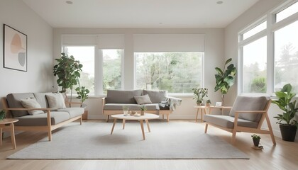 A minimalist retreat with Scandinavian-inspired design elements, including blonde wood furniture and clean lines. The living room is bathed in natural light, with potted plants adding a touch of green