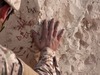 A hand is touching a wall with the numbers 1 through 9 on it. The hand is covered in dirt and the numbers are in red
