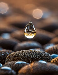 Nature's Jewel: Water Droplet Perched atop Rocky Terrain