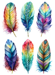 Vibrant watercolor feather set on a white background. Perfect for greeting cards, art prints, scrapbooking, interior decor, and more