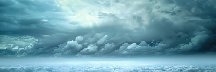 Dramatic cloudscape over a sea of clouds - An expansive cloudscape showing a dramatic gathering of storm clouds over a gentle sea of clouds below - obrazy, fototapety, plakaty