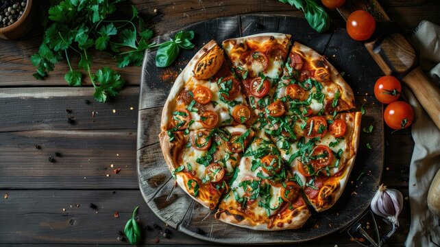 Delicious homemade pizza with fresh basil - An appetizing image of a home-cooked pizza with melted cheese and fresh organic basil on a wooden background