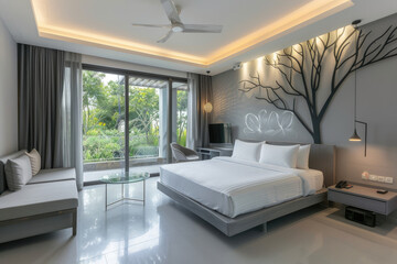 Modern hotel room with white tree patterns on the wall, large bed and TV set up in front of it
