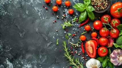 Fresh ingredients for Italian cooking on stone - A variety of fresh vegetables and herbs spread across a dark, textured surface ready for Italian cooking