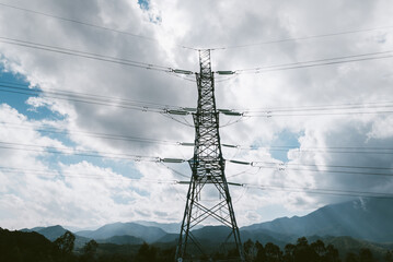 Aerial view of electricity tower on mountain