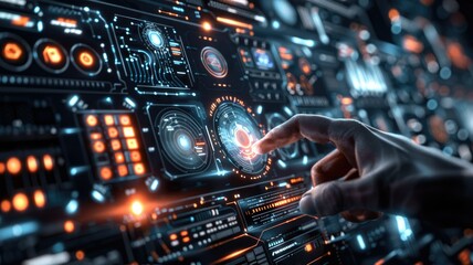 Futuristic interface being touched by a hand - A human finger interacting with a digital screen with advanced graphical user interface elements and light effects - obrazy, fototapety, plakaty