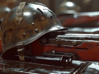 A helmet and rifle are displayed in a scene. The helmet is old and worn, and the rifle is red. The scene gives off a sense of nostalgia and history, as if it were from a time long ago