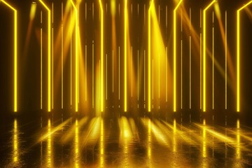 Dark background with lines and spotlights, neon light, night view. Abstract yellow background - generative ai