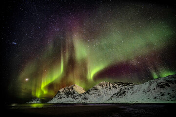 Northern lights aurora on Lofoten, Norway