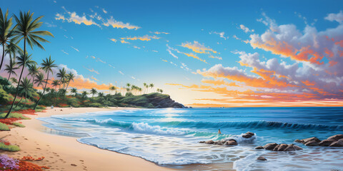 Illustration of seaside beach with sunset