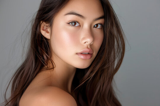 A beautiful Asian woman with long brown hair, showcasing her perfectly smooth shoulders, posing for portrait photography against a gray background.