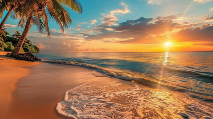 Stunning sunset on a tropical beach with waves and palm trees creating a peaceful scene.. - obrazy, fototapety, plakaty