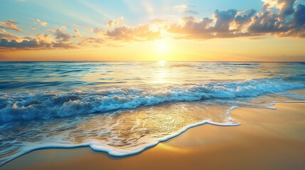 Naklejka na ściany i meble Stunning sunset on a tropical beach with waves and palm trees creating a peaceful scene..