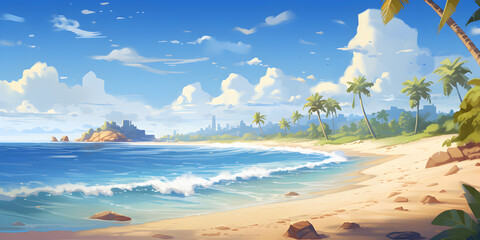 Illustration of tropical beachside and ocean with waves at daylight with blue sky 