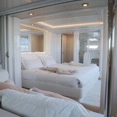 The deck of a luxury yacht boasts a luminous pool and opulent lounging areas as the sun sets over the tranquil sea.