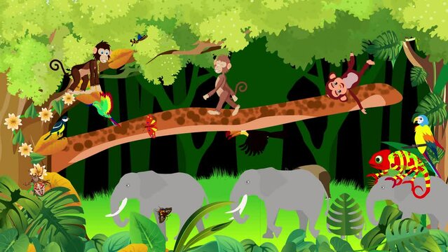Cartoon animation of lungle scene with elephants monkeys and other animals 4k video