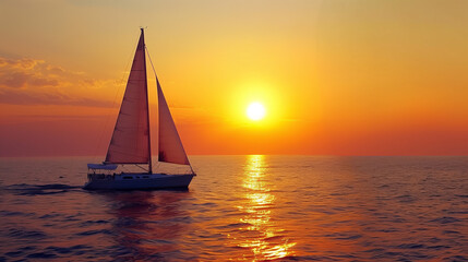 A sailing yacht sails on calm ocean waters under a breathtaking sunset sky with golden hues and scattered clouds.