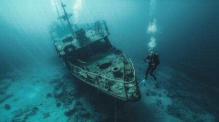 A diver with fins and scuba gear explores the mysterious remains of a sunken ship, underwater with rays of light filtering through. - obrazy, fototapety, plakaty