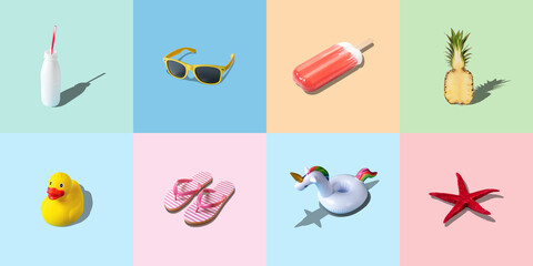 Creative colorful background with different summer things. Minimal summer concept.