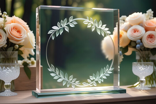 Realistic glass plate for wedding background. Acrylic and glass texture with glares and light for mockup design