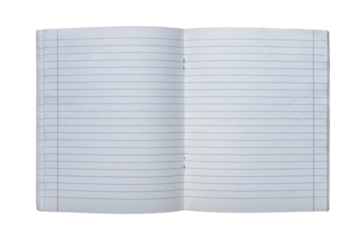 Open lined copybook with blank pages, perfect for customized content. Spread of blank lined notebook with red margins isolated on transparent background.
