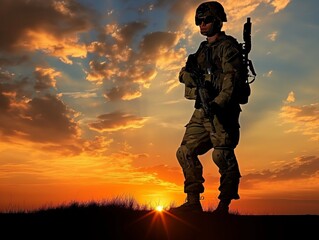 A soldier stands in the desert at sunset, looking out over the horizon. The sky is filled with clouds, creating a moody atmosphere. The soldier's uniform is camouflaged