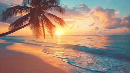 The warm glow of sunset at a secluded tropical beach with palm tree silhouettes and soft waves lapping at the shore.