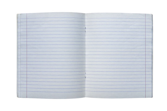 Open lined copybook with blank pages, perfect for customized content. Spread of blank lined notebook with red margins isolated on transparent background.