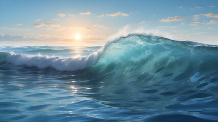 "A breathtaking photorealistic scene capturing a heart-shaped wave gracefully cresting in the light blue sea. The wave rises majestically against the horizon, its translucent waters catching the warm 