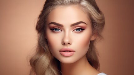 Fototapeta premium A woman with blonde hair and blue eyes is wearing makeup