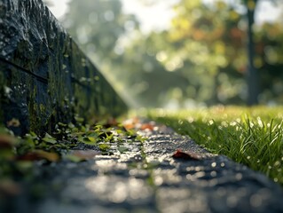 A brick wall with a green mossy appearance. The wall is next to a grassy area with leaves on the ground. The leaves are scattered around the grass, and the sunlight is shining on them - obrazy, fototapety, plakaty