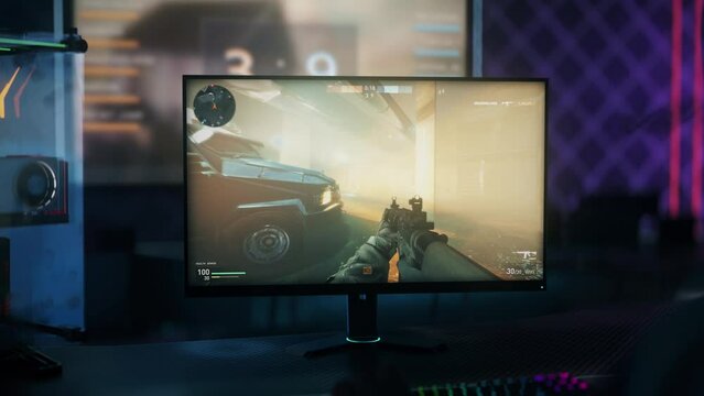 Gamer trying to win an online shooter game esports tournament. Neutralizing the opponents to win an online shooter match. Player Winning the online shooter round by defusing the terrorist bomb.