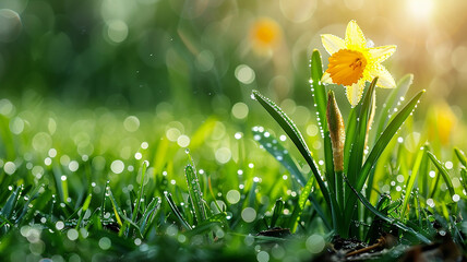 Collection of yellow daffodil flowers with water droplets