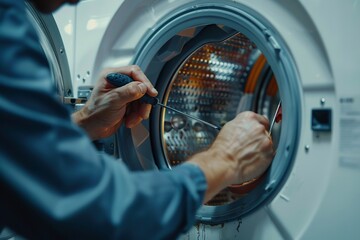In-depth of a plumber implementing a screwdriver to fix a washing machine quite sedulous placement done and space, Generative AI. - obrazy, fototapety, plakaty