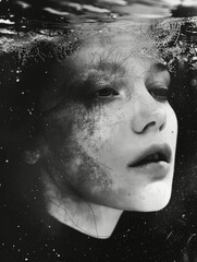 Monochrome underwater woman portrait - A monochromatic, artistic underwater shot of a woman's face partially submerged