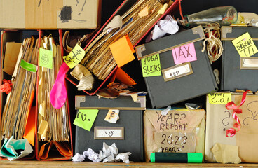 messy file folders and storage boxes in a cluttered office bookshelf,red tape, bureaucracy,aministration,business concept,free copy space.