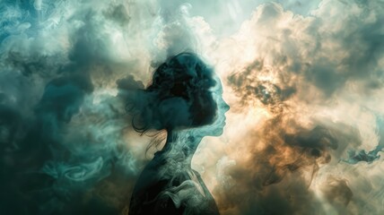 Mystical Smoke and Female Silhouette Merge - A mesmerizing image where billowing smoke intertwines with a woman's silhouette, creating an otherworldly effect
