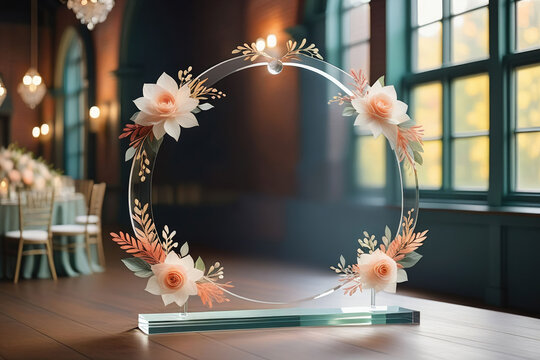 Realistic glass plate for wedding background. Acrylic and glass texture with glares and light for mockup design