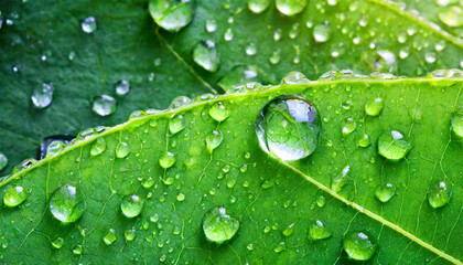 Close-up of fresh water droplets on a vibrant green leaf.