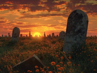 A cemetery with a large stone headstone and a small stone headstone. The sun is setting in the background - obrazy, fototapety, plakaty