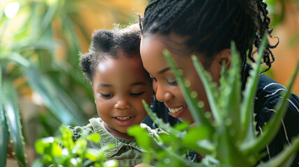 Naklejka premium Mother teaches child to extract aloe vera gel for soothing skin remedy, fostering natural skincare knowledge.