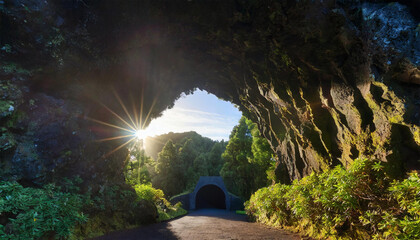 Sunlit entrance to the lava tunnel Gruta das Torres with trees and glowing treetops, located on Pico Island, Azores, Portugal, Europe